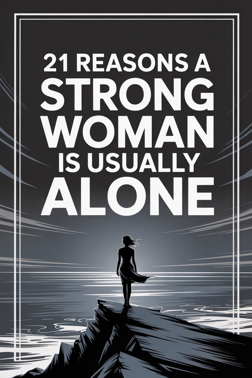 Empowering quote about strong women embracing solitude and independence by the ocean at dawn or dusk.