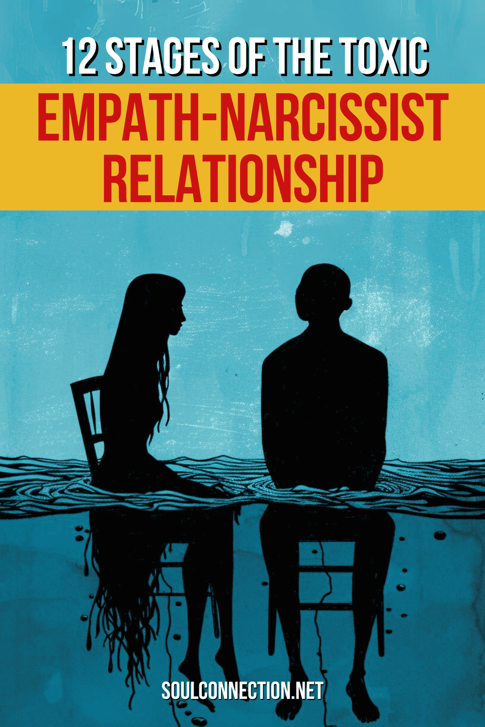 Illustration of empath-narcissist relationship stages with silhouettes and reflection over water.