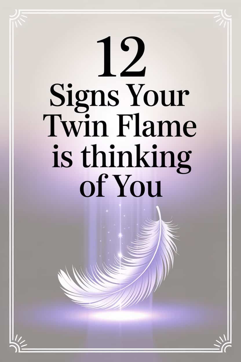 Twin flame signs and spiritual connection illustrated with a glowing feather and calming pastel background.