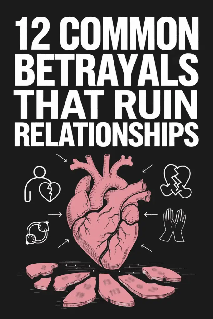 Illustration of relationship betrayal with a broken heart, symbolic icons, and cracks representing emotional damage.