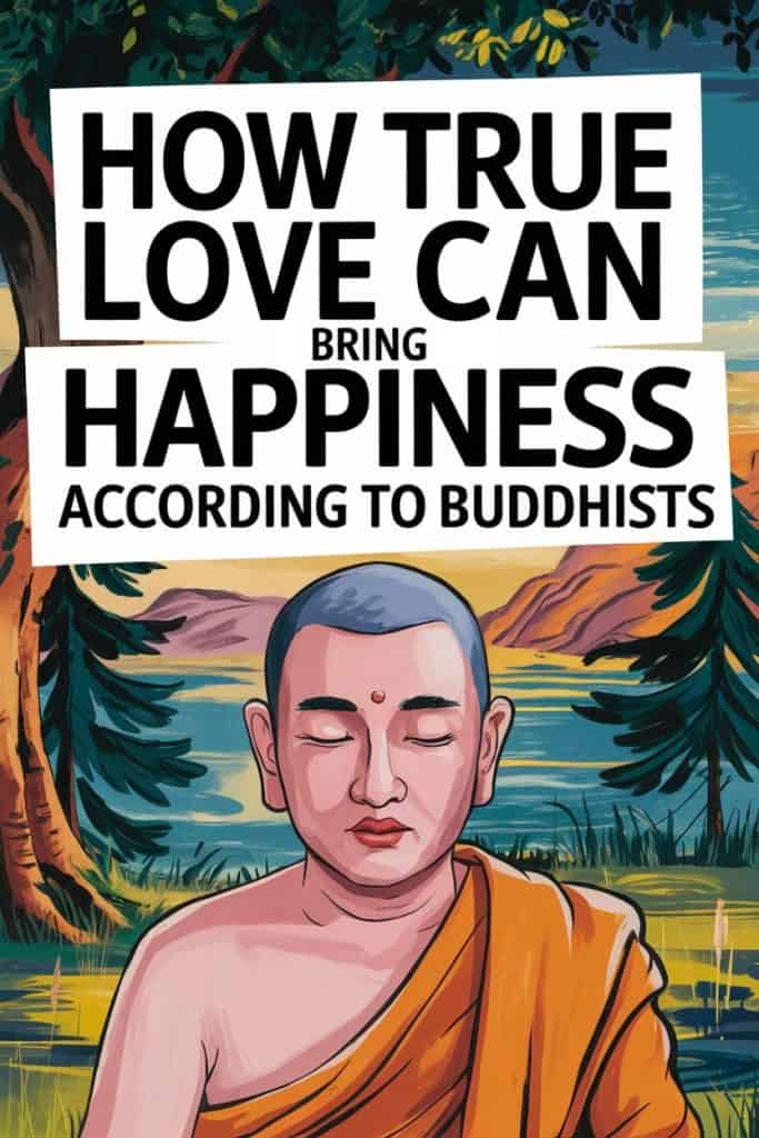 Buddhist monk illustration emphasizing love, happiness, and inner peace through compassion and spiritual harmony.
