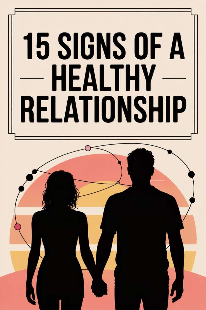 Celebration of healthy relationships with couple holding hands, sunset background, and signs of relationship wellness.