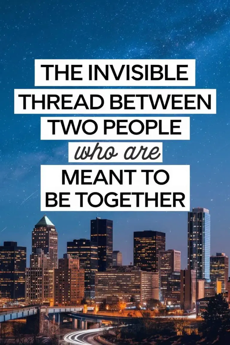 City skyline at night with inspiring quote about invisible, destined love connection.