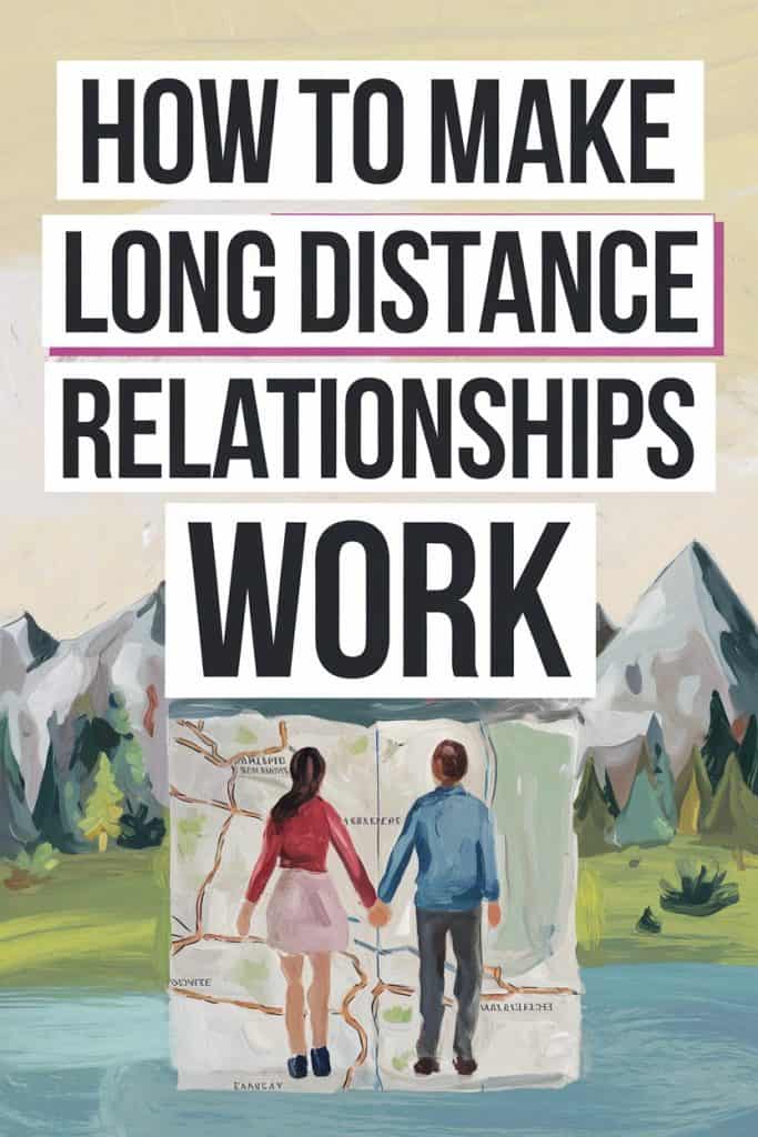 Couple walking together by water with advice on making long-distance relationships work.