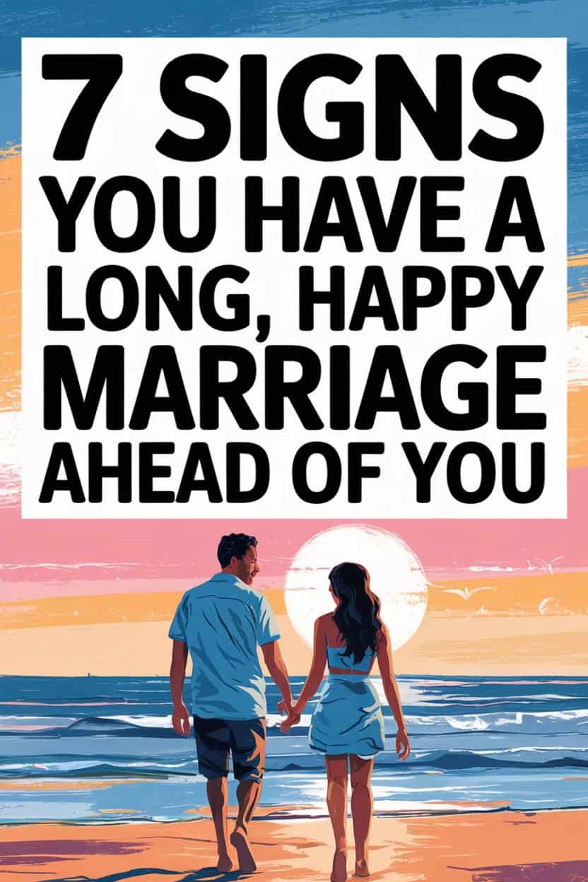 Happy couple walking on beach during sunset symbolizes long, joyful marriage and lifelong love.