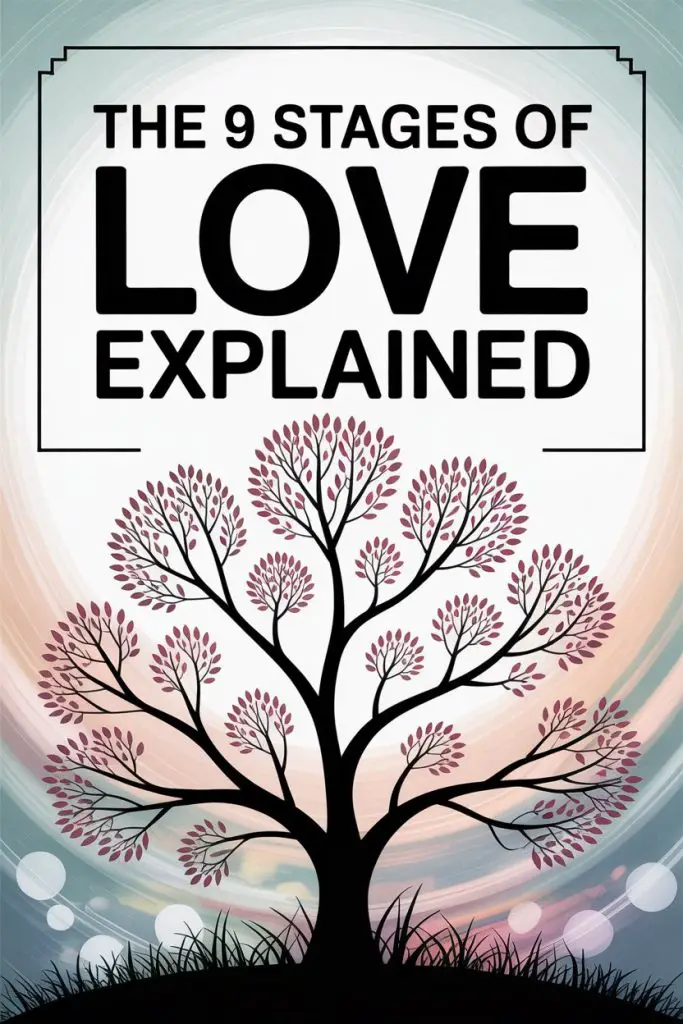 Illustration of the nine stages of love depicted as a blooming tree with pastel colors.