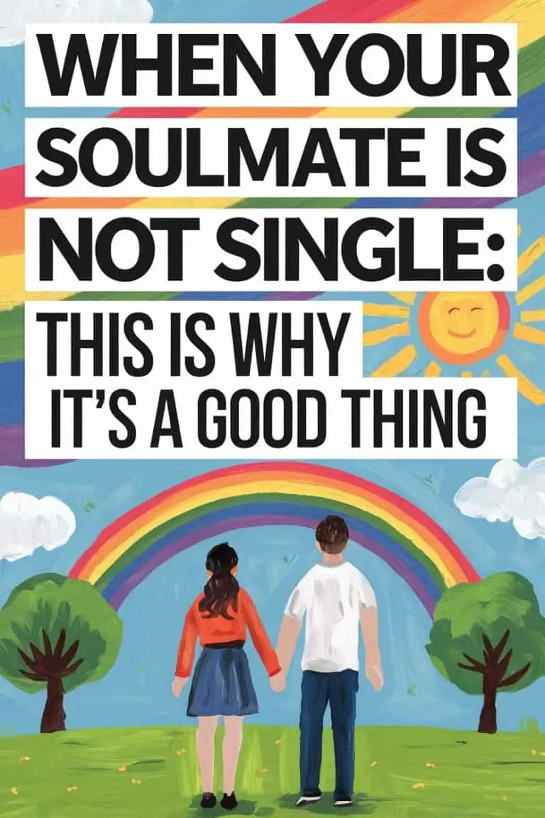 Joyful couple in a colorful park with rainbows and inspiring love message about relationships.