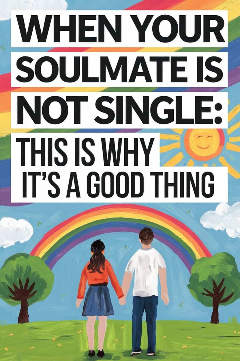 Joyful couple in a colorful park with rainbows and inspiring love message about relationships.