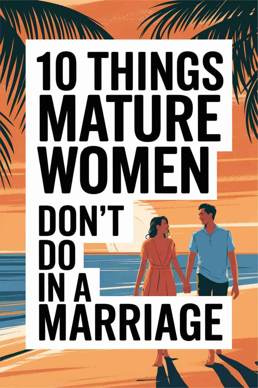 Mature women avoid common relationship mistakes in marriage, highlighted with a tropical beach scene.