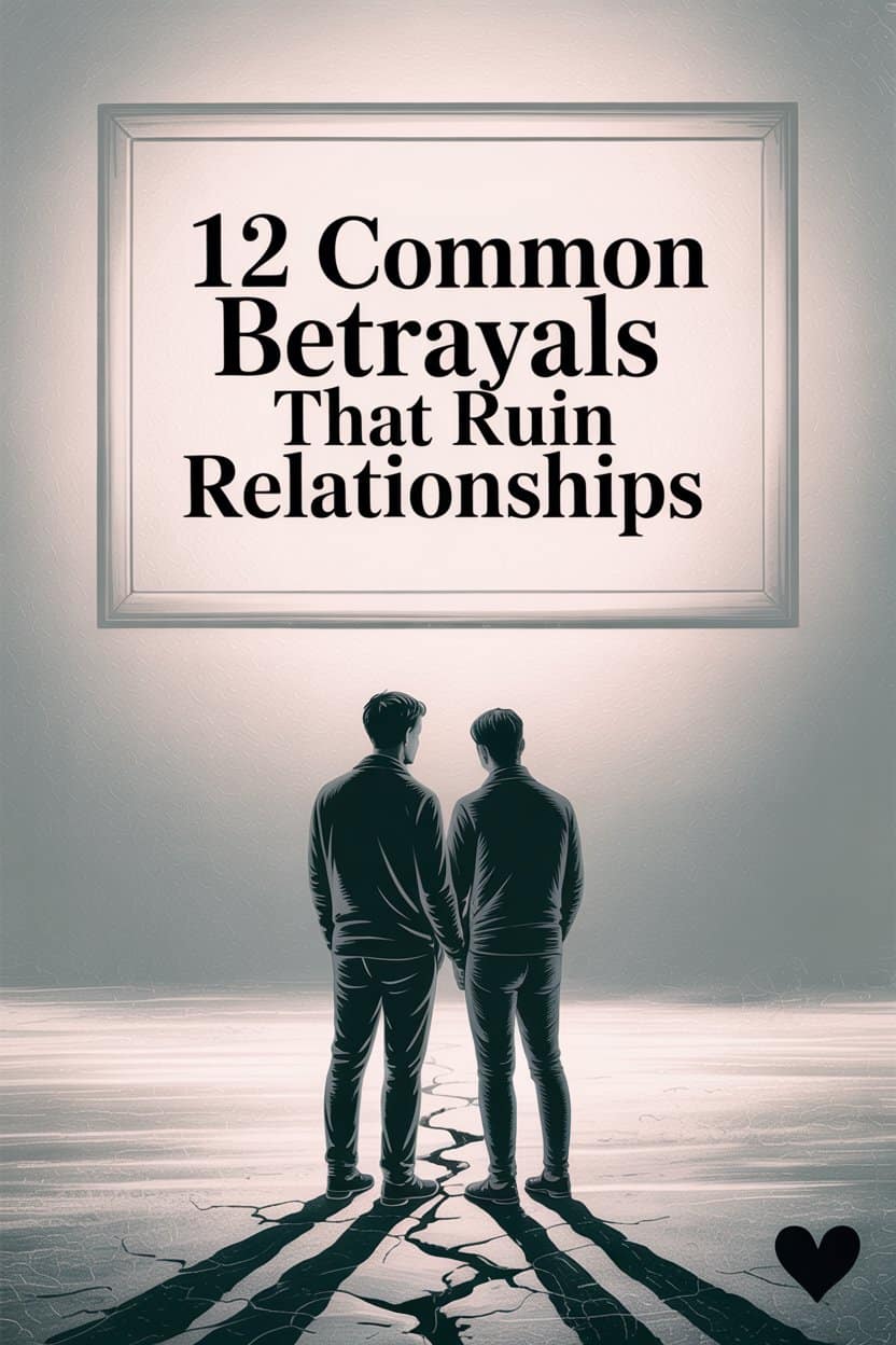 Wall display showing 12 Common Betrayals That Ruin Relationships with silhouetted couple and cracked ground.