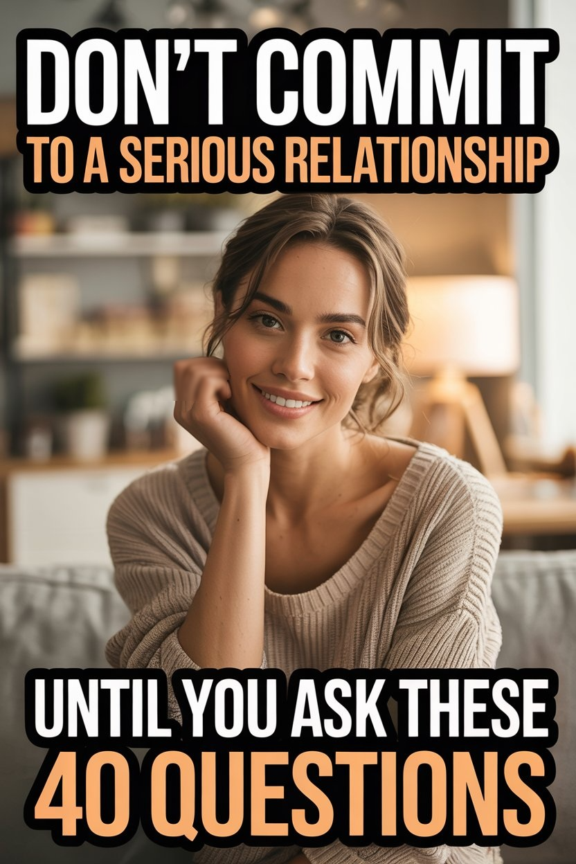Young woman smiling with relationship questions before serious commitment in cozy, modern living space.