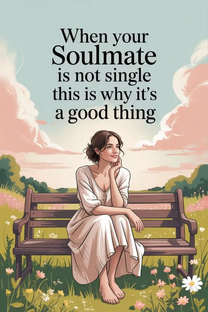 Peaceful woman relaxing on bench in lush garden with inspirational quote on love and patience.