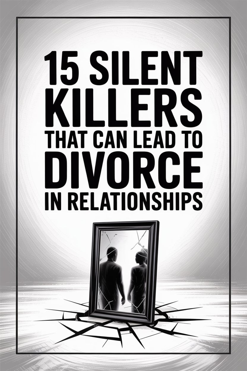 Silent relationship killers cause divorce, shown by cracked mirror reflection of a couple in distress.