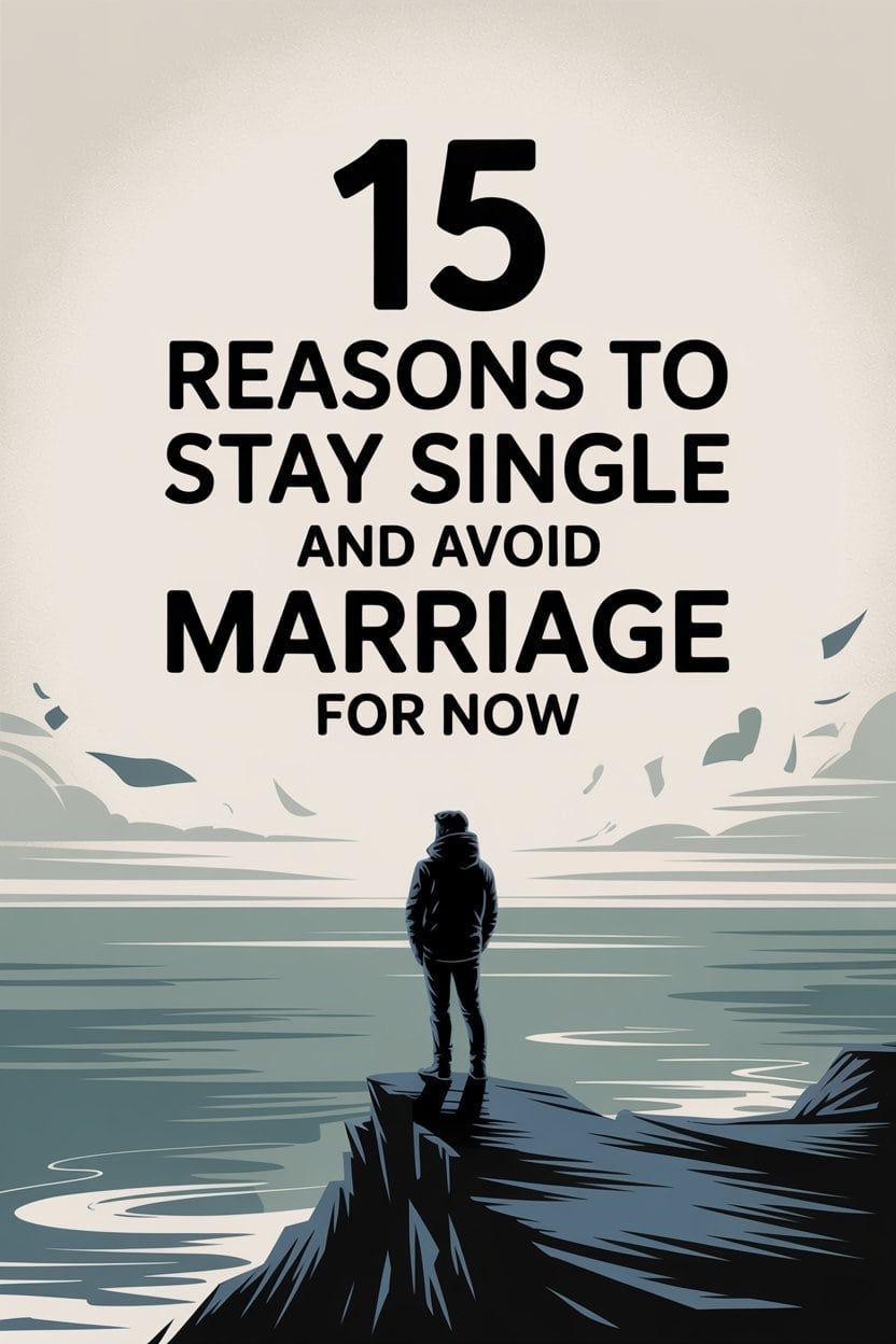 Contemplative person on rocky cliffs reflecting on staying single and avoiding marriage.
