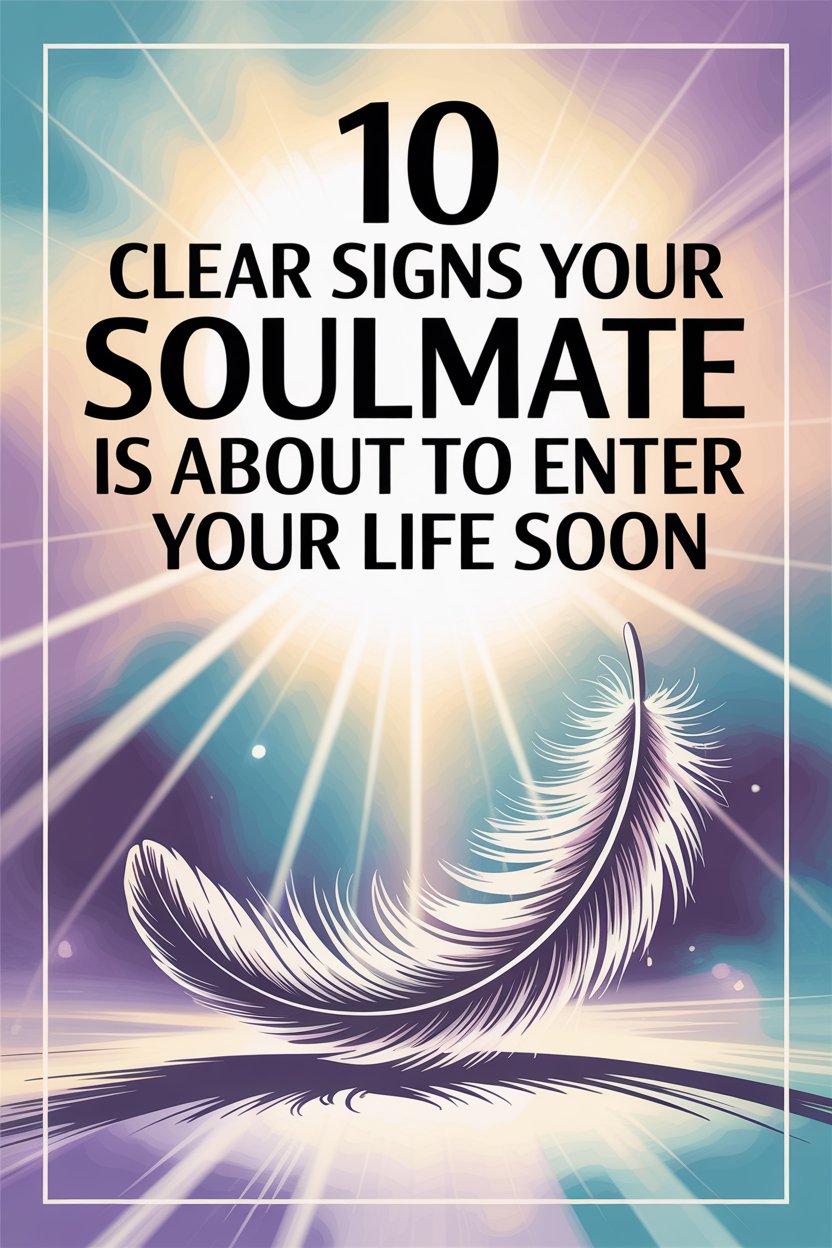 Signs your soulmate is about to enter your life soon with a dreamy, spiritual background and feather symbol.