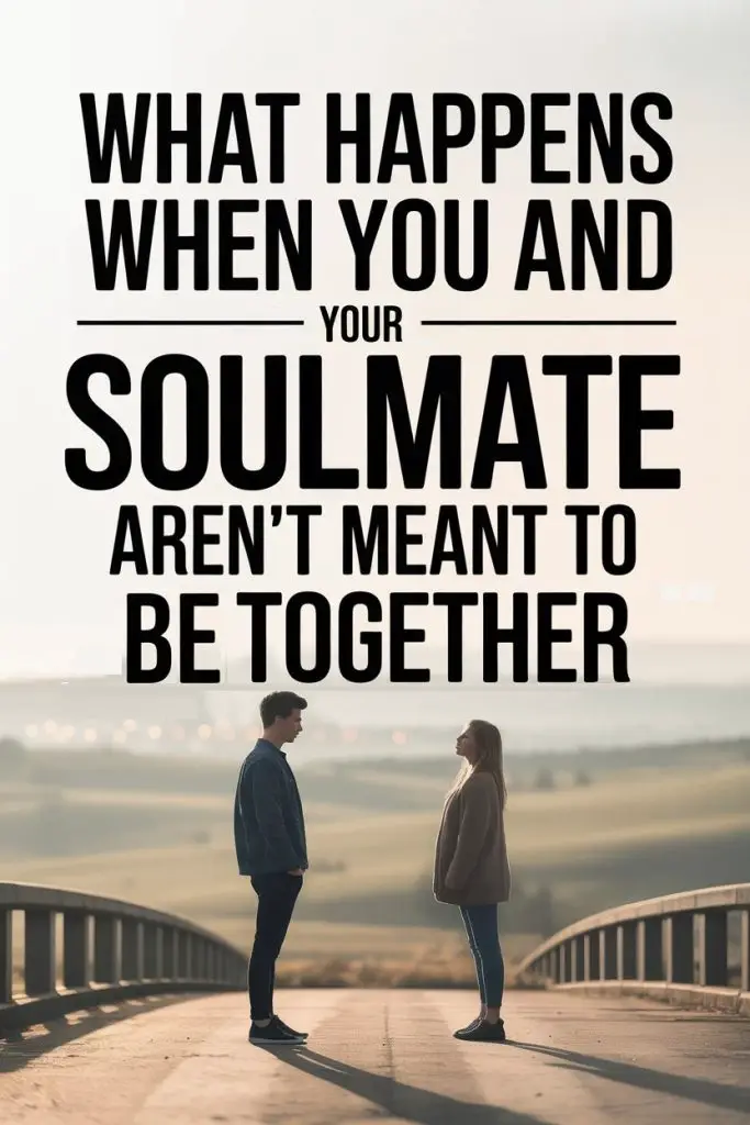 Two people share a meaningful moment on a peaceful bridge at sunset with a motivational quote about soulmates.