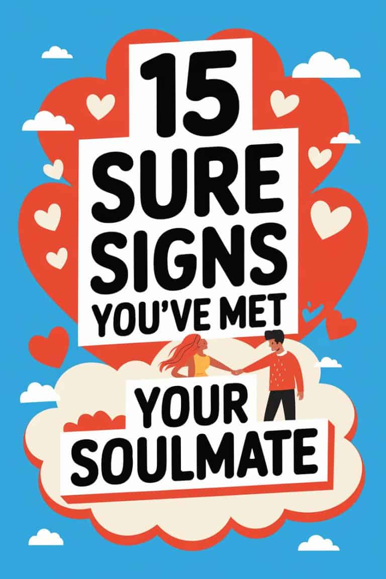 Illustration of signs youve met your soulmate with hearts and happy cartoon characters on clouds.