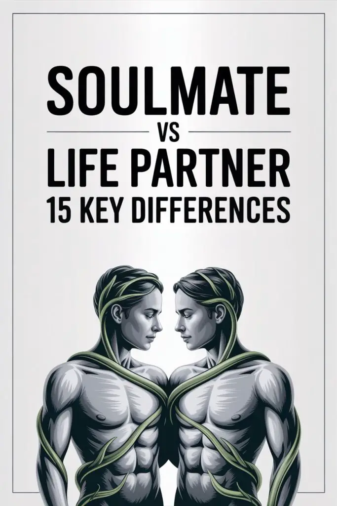 Comparison of soulmate versus life partner with intertwined muscular figures and symbolic green vines.