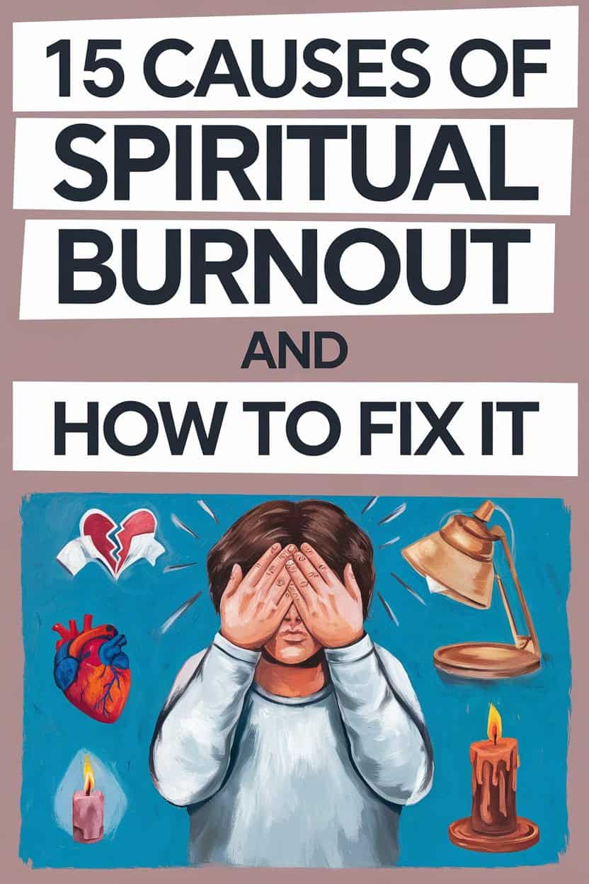 Young person overwhelmed by emotional burnout, surrounded by symbols of causes like broken heart and cracked jar.