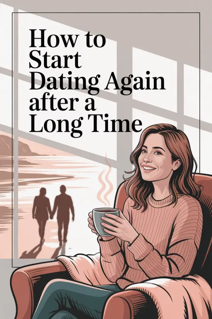 Guide on starting to date again with cozy scene, woman relaxing, outdoor view, hopeful atmosphere.