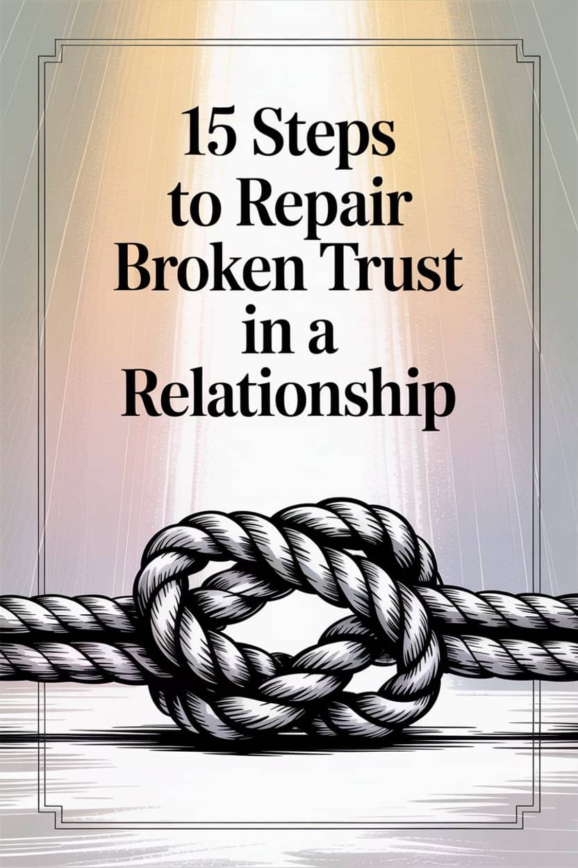Guide on 15 steps to repair broken trust in a relationship with symbolic rope imagery.
