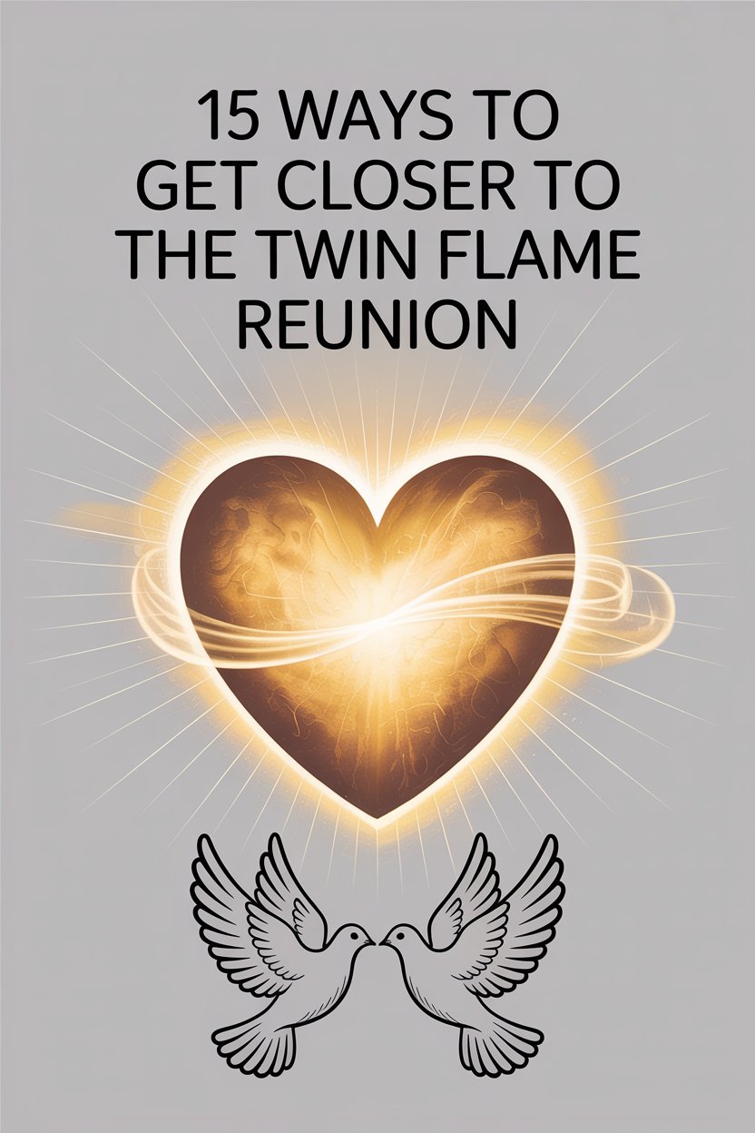 Twin flame reunion and spiritual love, glowing heart with doves symbolizing harmony and connection.