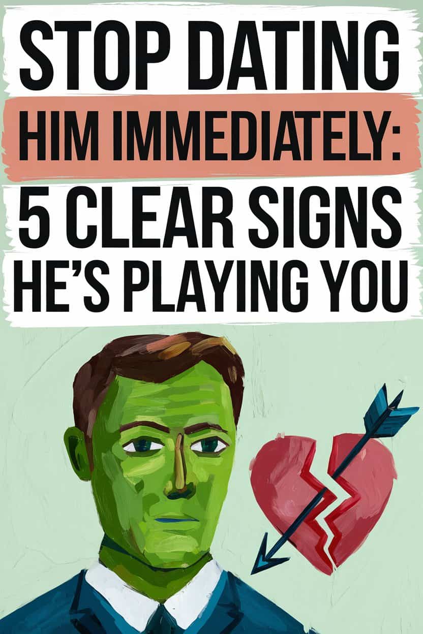 Warning signs hes playing you in relationships, with cautionary visual cues and breakup symbols.