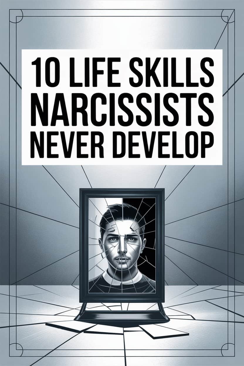 Post about 10 essential life skills narcissists fail to develop with shattered mirror symbolism.