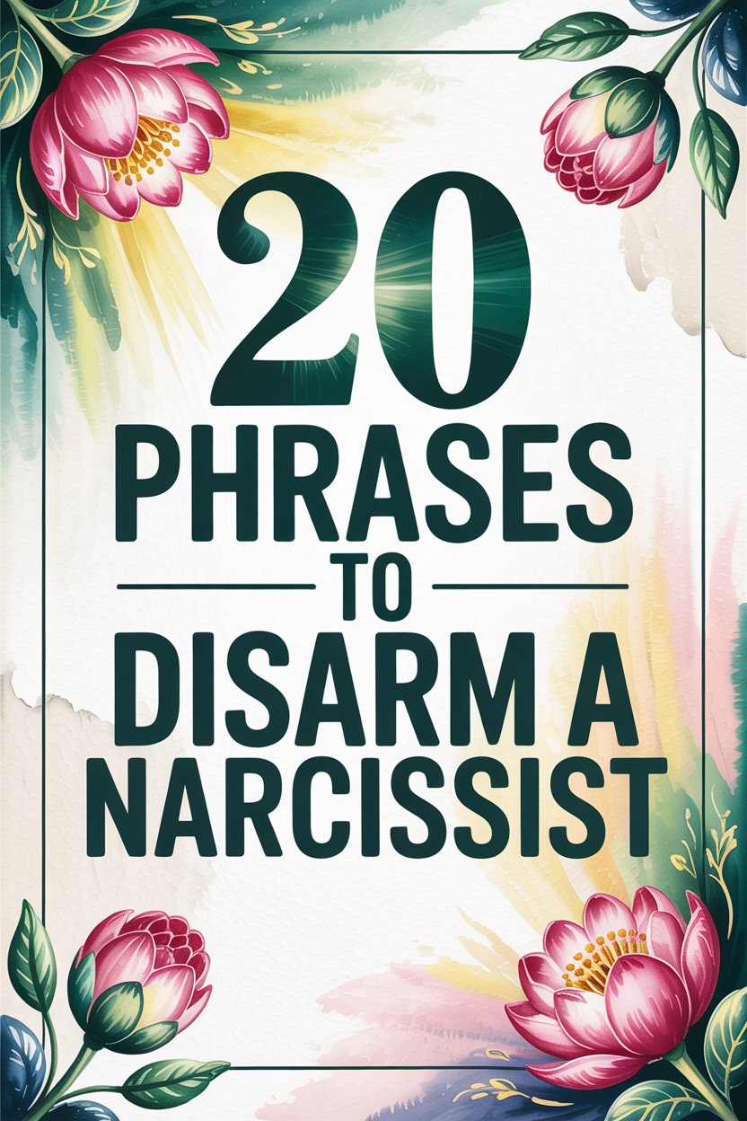 Tips to disarm a narcissist with 20 effective phrases and floral decorative border.