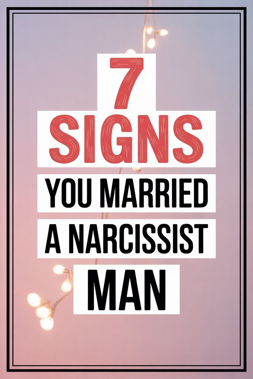 Seven signs youve married a narcissist man with bold red and contrasting black and white text.