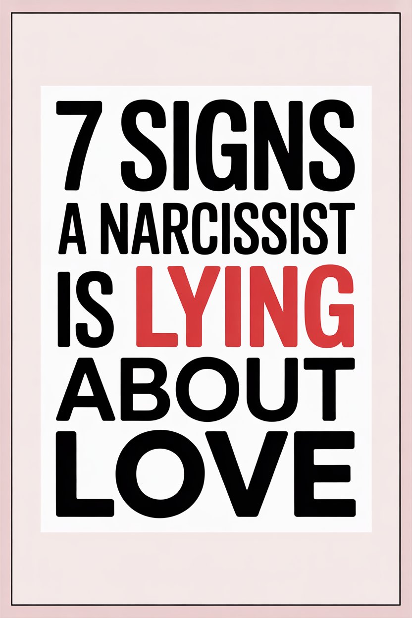 Seven signs a narcissist is lying about love, highlighted in bold on a pink background.