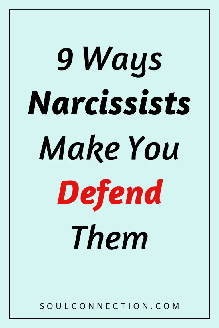 Nine ways narcissists make you defend them, with bold red focus text and a blue background.