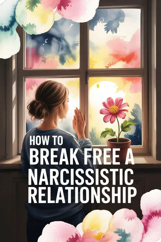 Woman contemplating breaking free from narcissistic relationship at sunrise with flower and scenic window view.