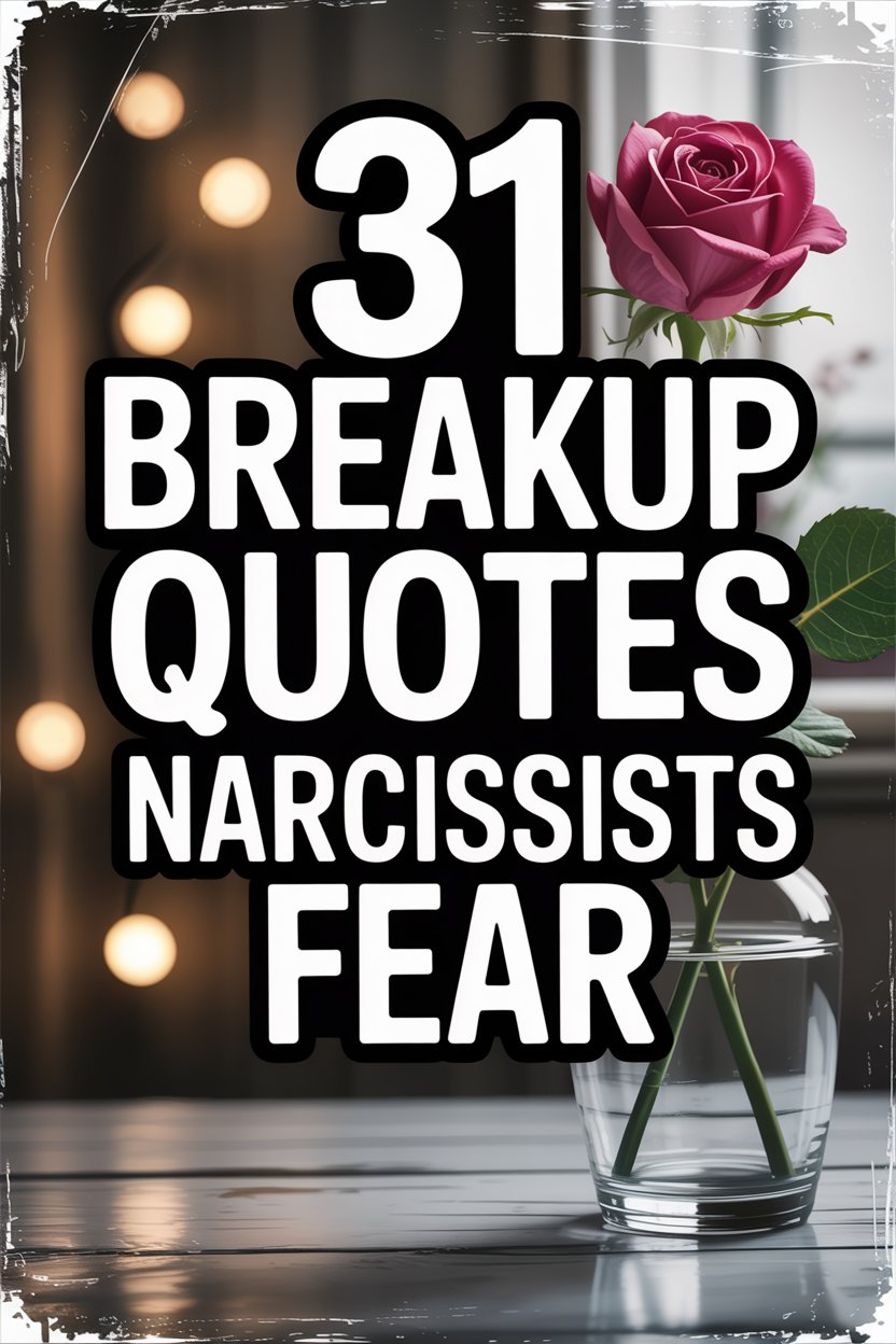 Bold breakup quotes for narcissists fear with pink rose and warm background.