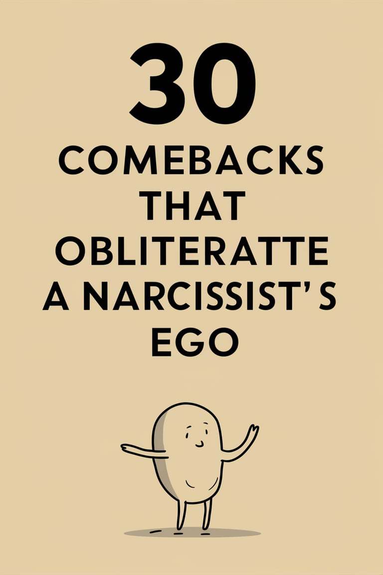 Funny cartoon bean with bold text: 30 comeback phrases to crush narcissists ego.