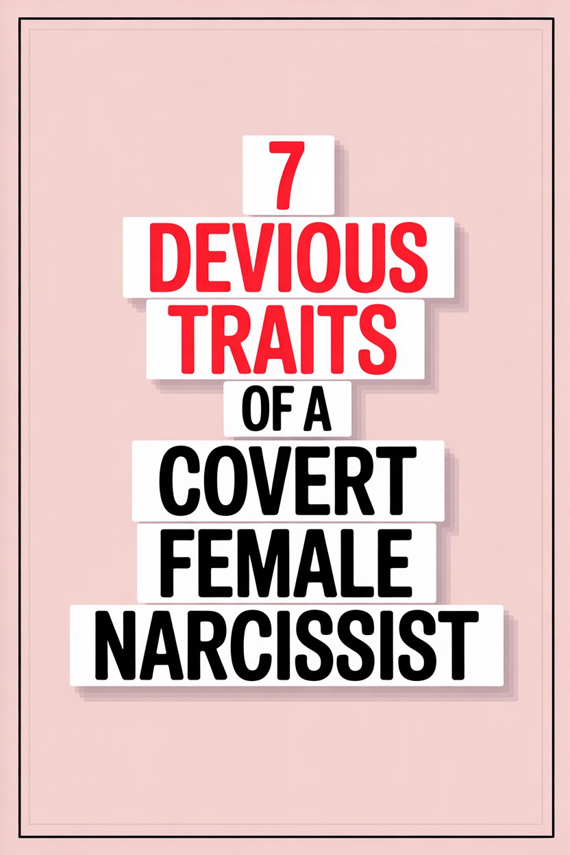 Bold poster highlighting covert female narcissist traits with striking red and black typography.