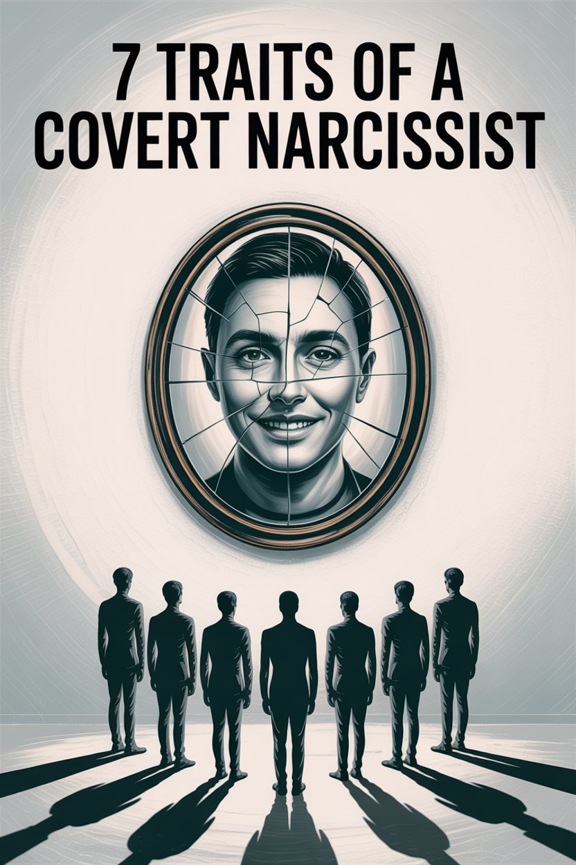 Illustration of covert narcissist traits with cracked mirror and silhouettes of men in suits.