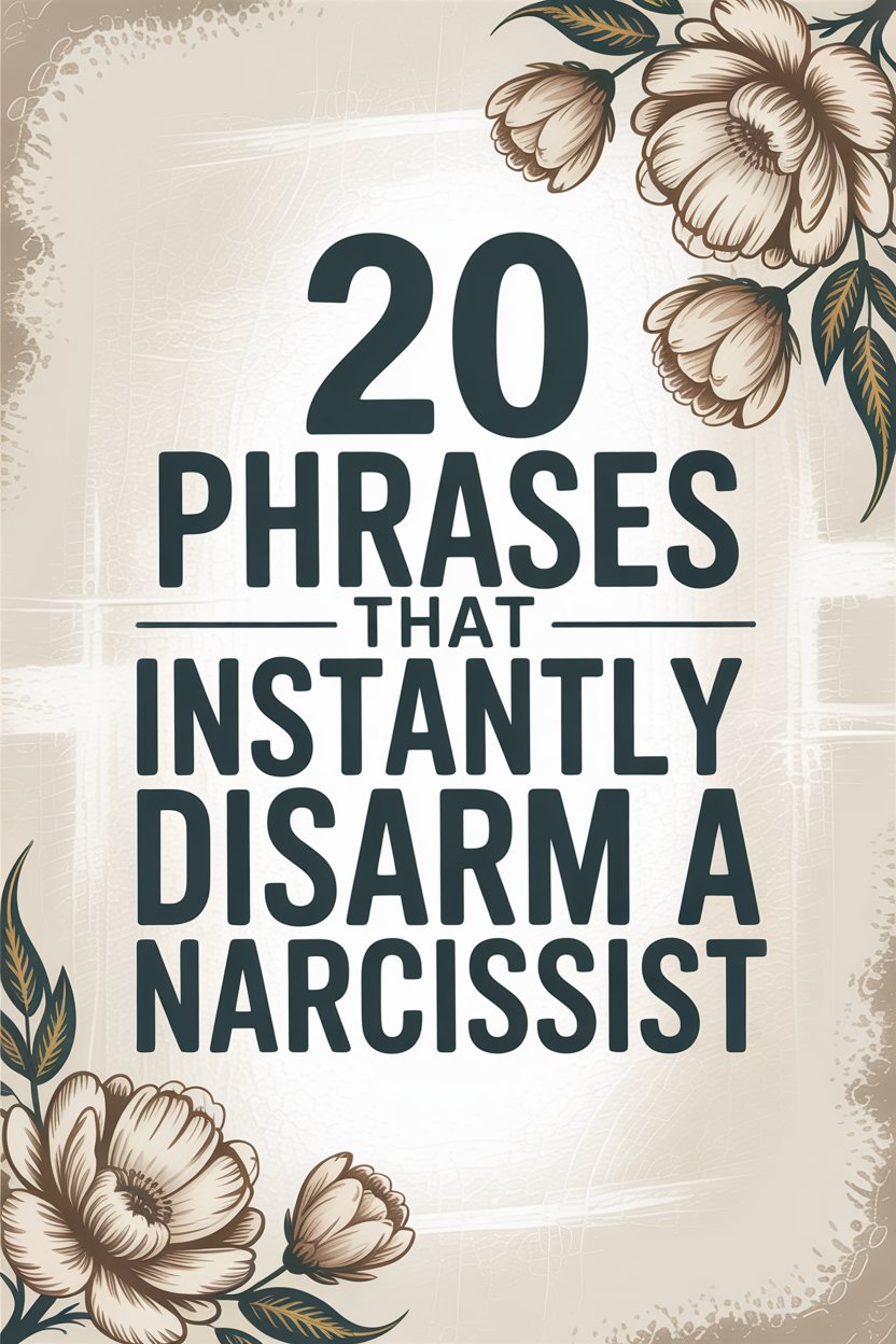 Guide to 20 effective phrases to disarm a narcissist with floral vintage design.