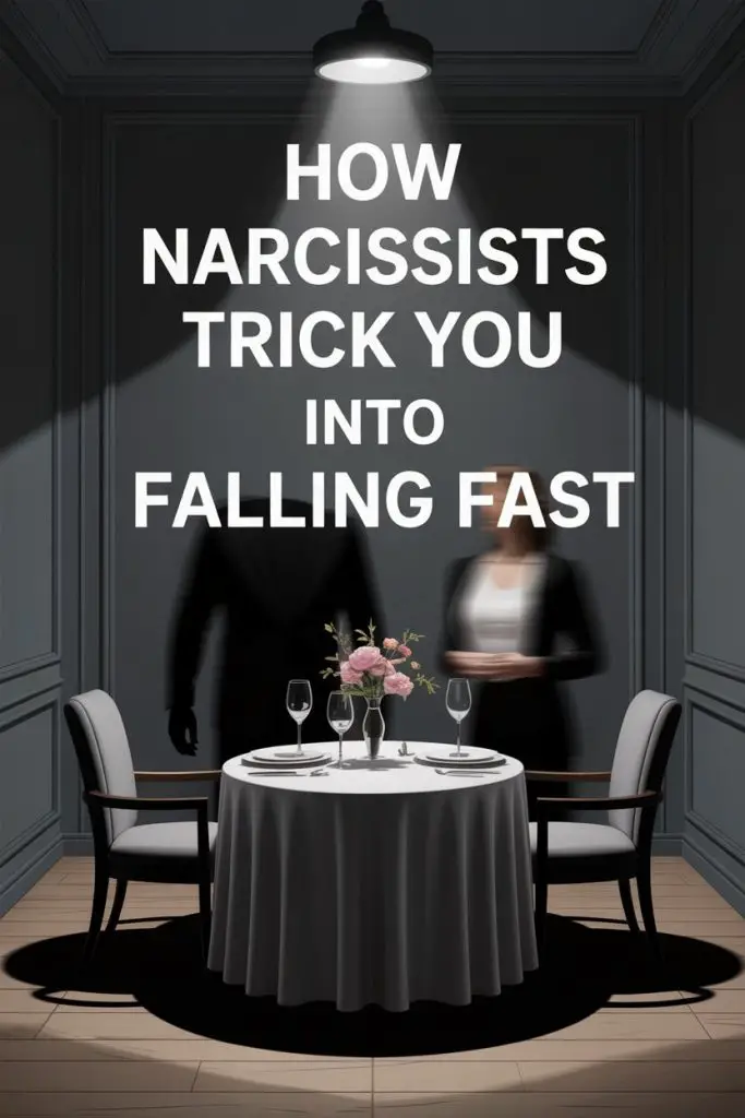 Elegant dining room scene with narcissist manipulation, shadowy figures, floral centerpiece, and dramatic lighting.