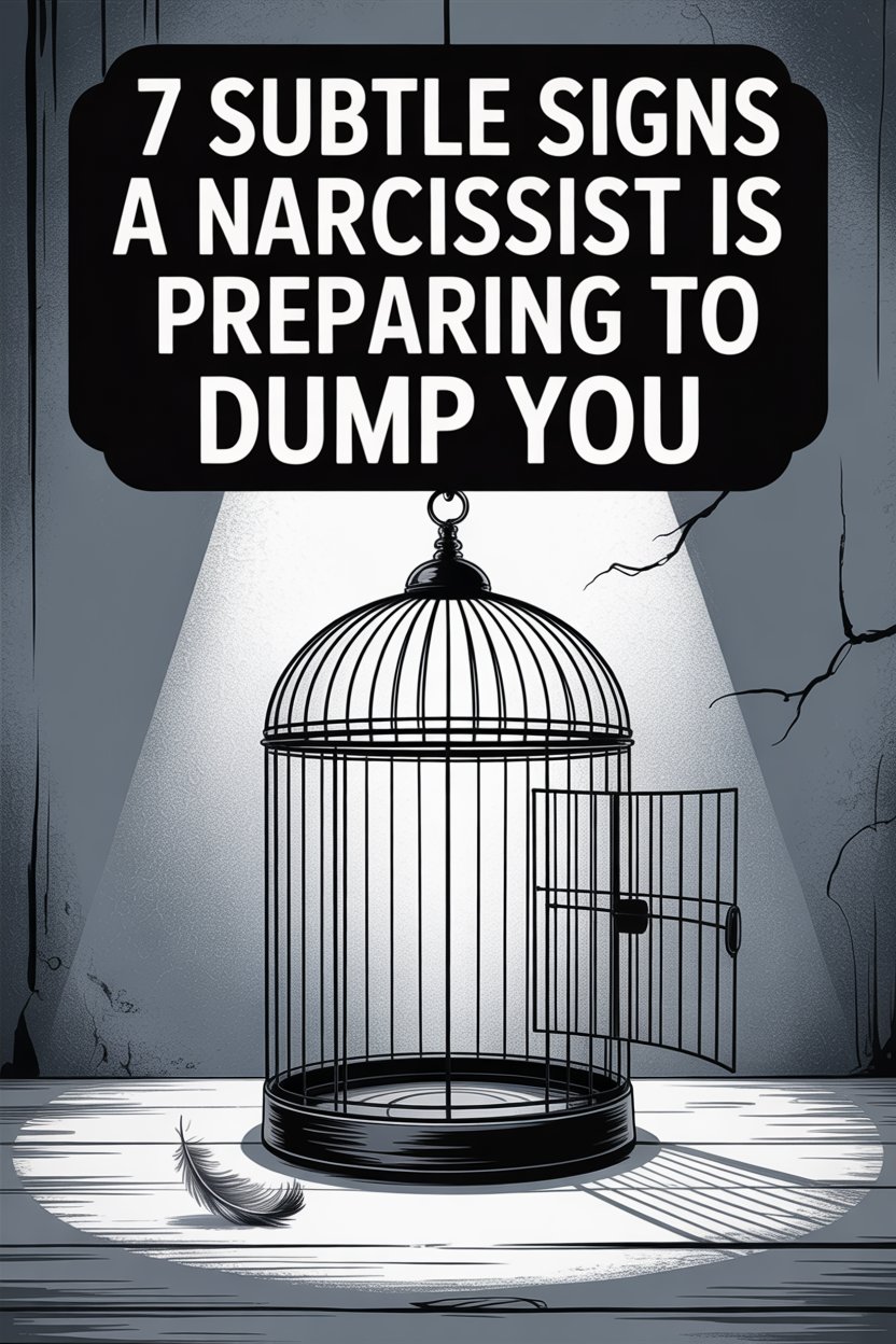 Warning signs of narcissists preparing to dump you, with open birdcage and feather symbolizing liberation.