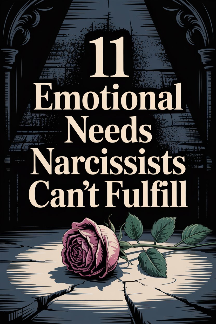 Dark background with broken wooden surface, wilted rose, and text about unmet emotional needs of narcissists.