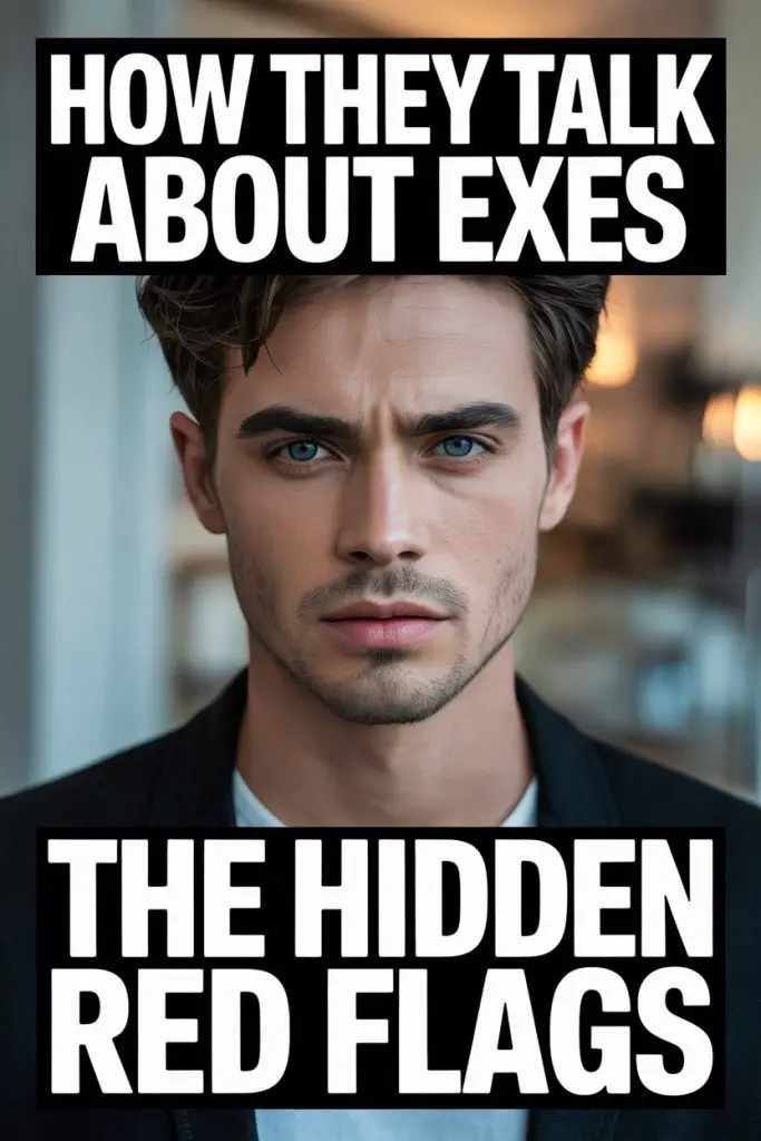 Young man with intense look warns about hidden red flags in discussing exes.