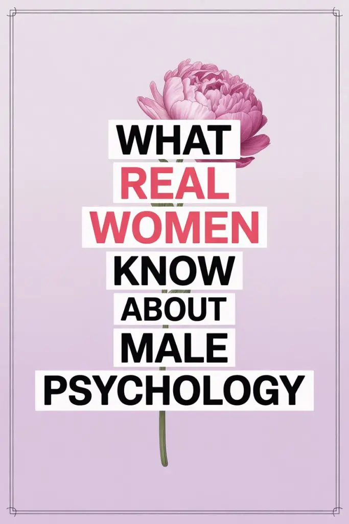 Female insights into male psychology with a pink peony flower on lavender background.