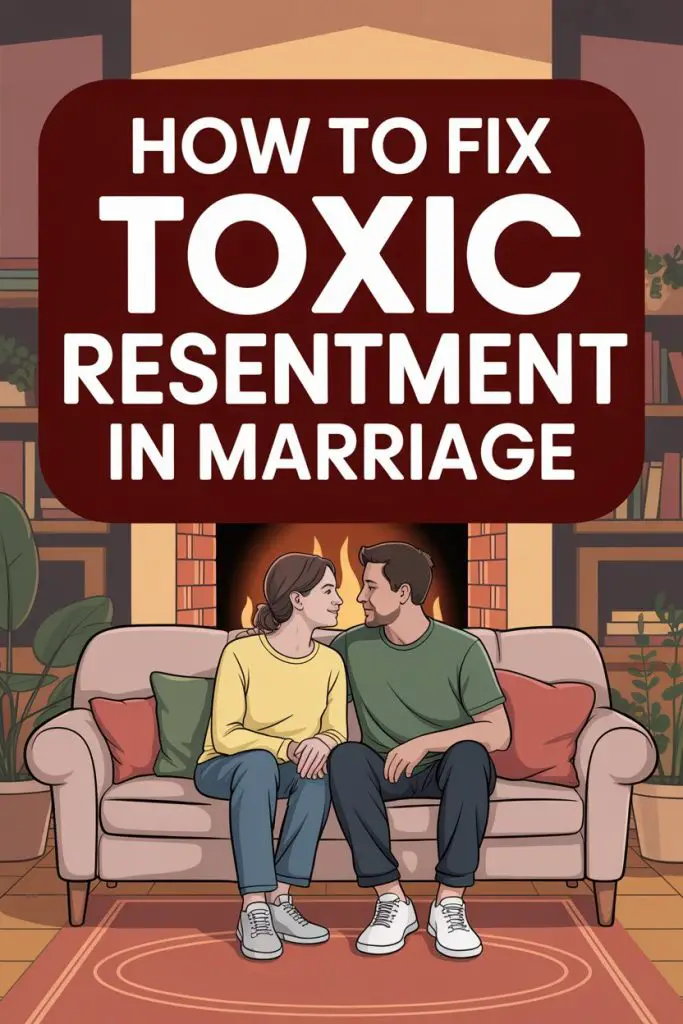 Couple addressing toxic resentment in marriage in a cozy, intimate living room setting.