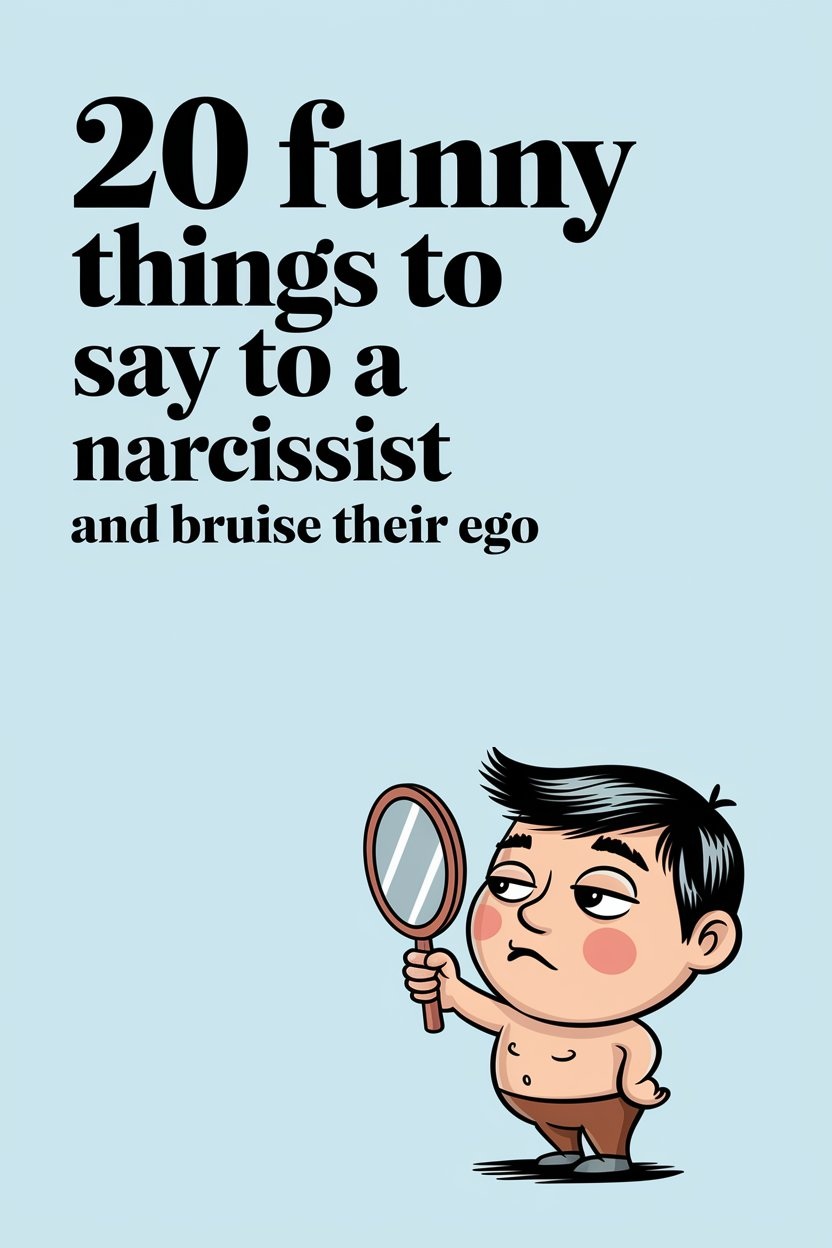 Humorous cartoon of a boy with mirror showcasing witty tips to tease narcissists.