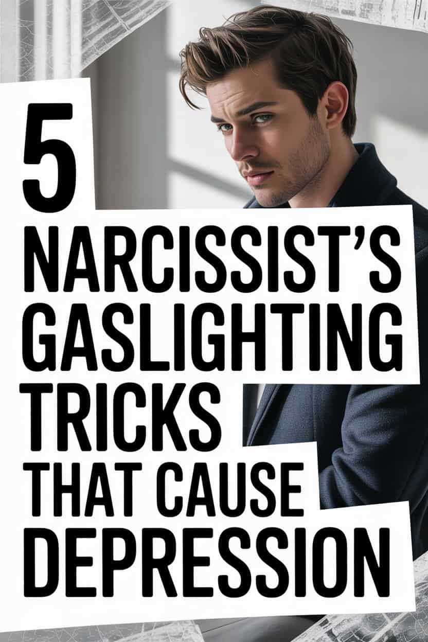 Young man contemplating with text about narcissist gaslighting tricks causing depression.