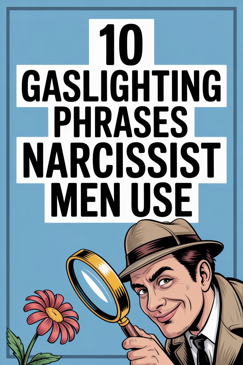 Detective investigating gaslighting phrases used by narcissistic men with a flower illustration.