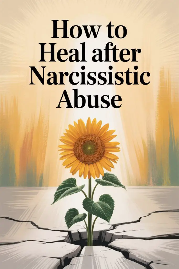 Sunflower breaking through cracked ground symbolizes healing after narcissistic abuse and emotional resilience.