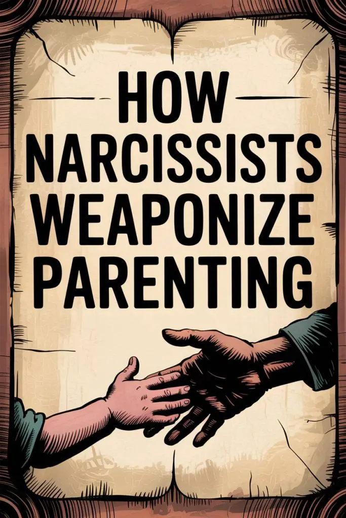 Narcissistic parenting manipulation illustrated by hands and urgent warning message.