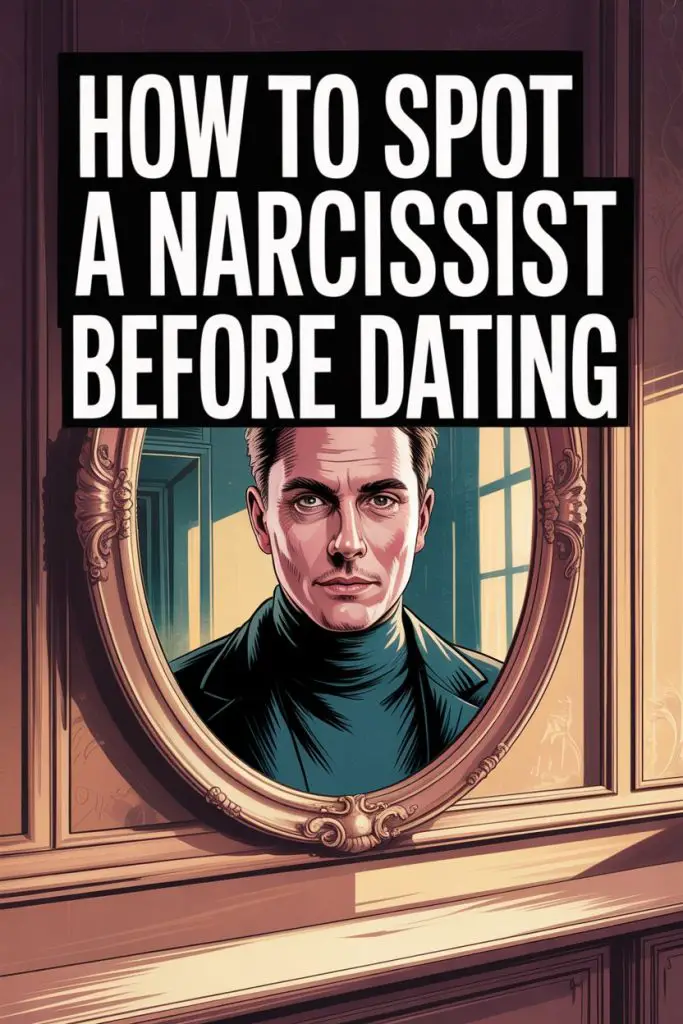 Man looking in vintage mirror with serious expression about spotting narcissists before dating.